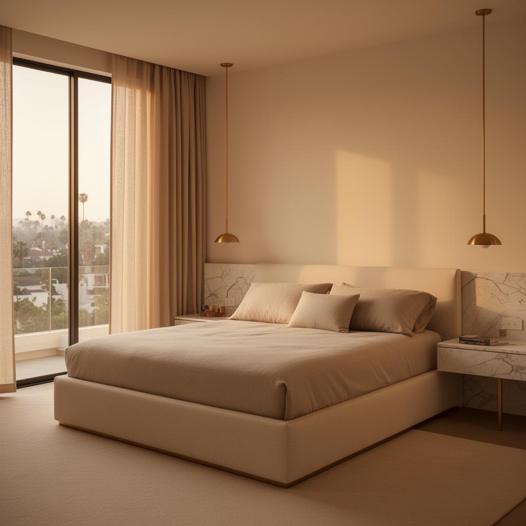 A serene Beverly Hills bedroom interior with warm morning light